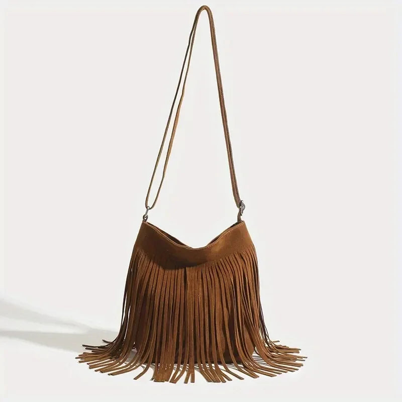 the TASSEL BOHO - Boho Style Fringe Crossbody Bag, Vintage Suede Shoulder Bag, Women's Large Capacity Casual Fringe Postman Shoulder Bag