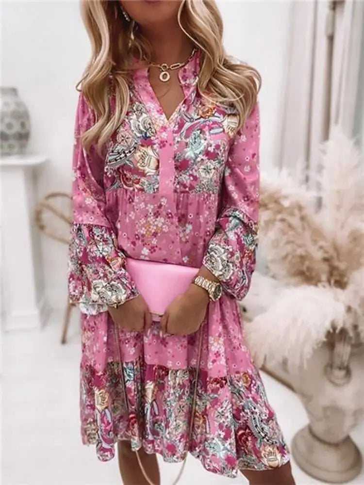 Casual Floral Print Dresses For Women 2024 Sping Summer Boho V Neck Loose A Line Dress Elegant Beach Party Dress Robe Femme