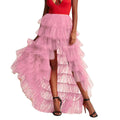 Women Long High Low Ruffles Tulle Skirt Solid Color Mesh Tied-Up Irregular Floor-Length Party Train Overskirt Cover Ups