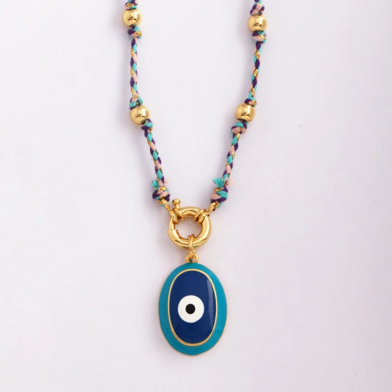 the AMULET - Star Celestial Blue Green Evil Eye Long Knot Beaded Necklace, Boho Nature Cotton Cord Amulet Jewelry