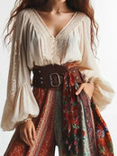 the PIRATE BLOUSE - Lantern Sleeves Boho Solid Color V-Neck Lace Patchwork Spring/Summer/Autumn Chic Blouses