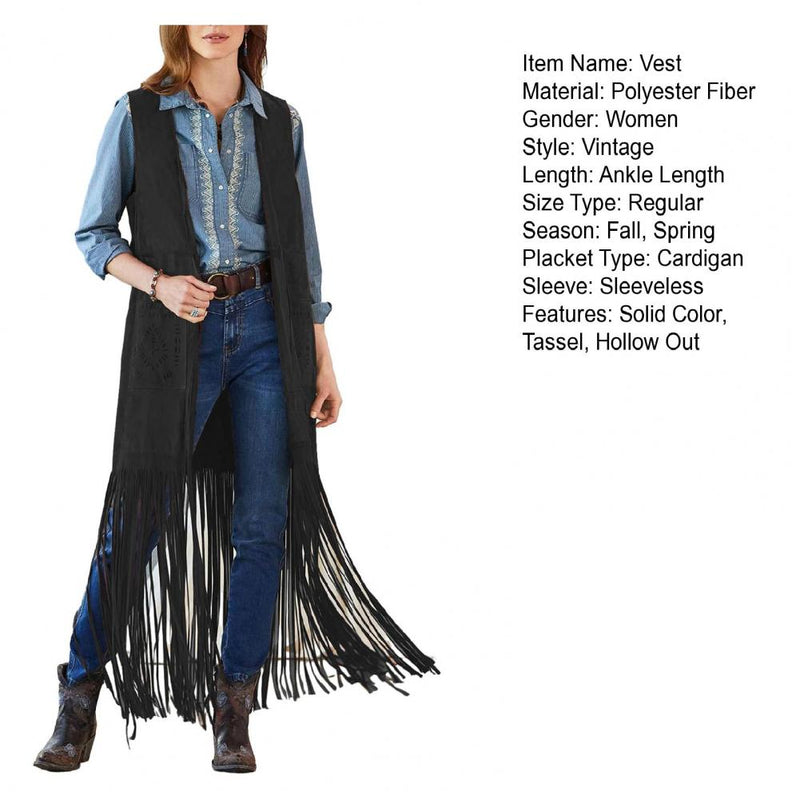 Western Fringed Vest Bohemian Fringe Vest Women's Sleeveless Cardigan with Tassel Detail Patch Pockets for Cowboy Cosplay