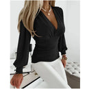 the SOCIALITE - Autumn Women Fashion Solid Color Blouse Long Sleeved V-Neck Slim Sexy Evening Blouse for Women