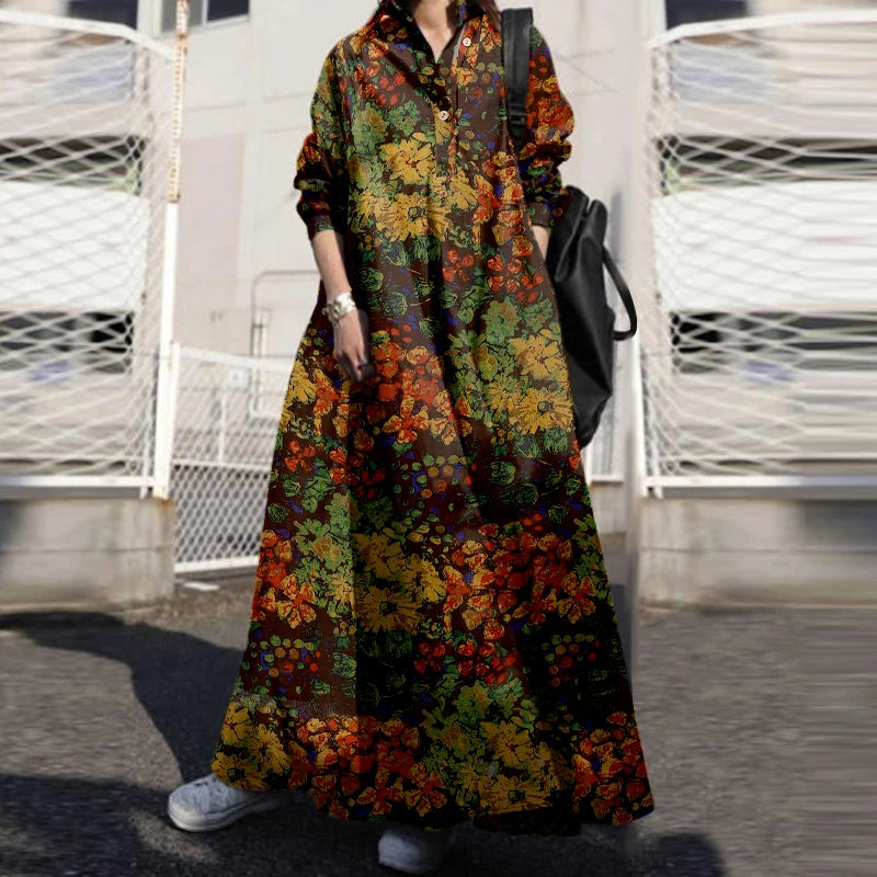 ZANZEA Floral Printed Long Sleeve Cotton Maxi Dress Women Spring 2025 Loose Casual Lapel Neck Shirtdress Streetwear Long Vestido