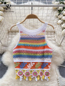 the HIPPIE BOHO - Bohemian Rainbow Knit Hooked Flower Hollow Out Sleeveless Summer Beachwear Colorful Camis