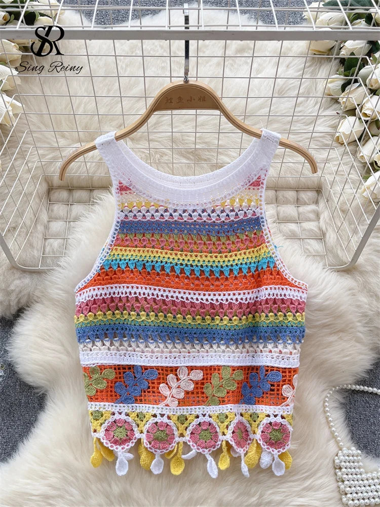 SINGREINY Bohemian Rainbow Knit Tops Y2k Hooked Flower Hollow Out Sleeveless Sweet Summer Women Holiday Beachwear Colorful Camis