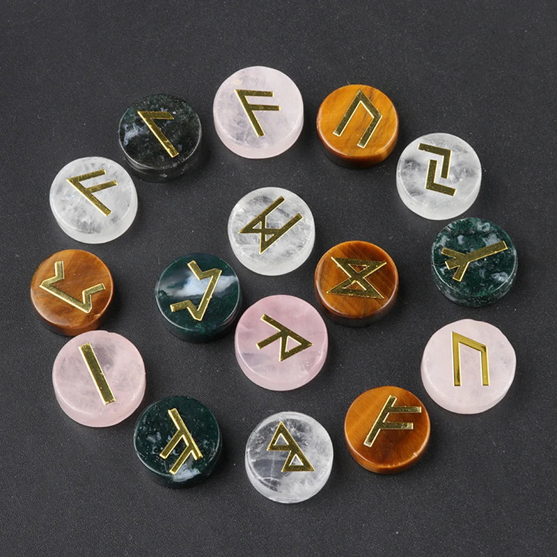 the RUNES - 25pcs Natural Crystal Runes Signs Round Stone Runic Alphabets Letters Sacred Symbol Healing Gem Energy Amulet Reiki Chakra Set