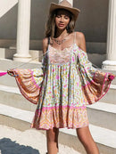 the BOHO BABYDOLL - Boho Inspired Floral Print Rayon Mini Dress Off Shoulder V-Neck Half Sleeve Bohemian Beach Summer Dress for Women
