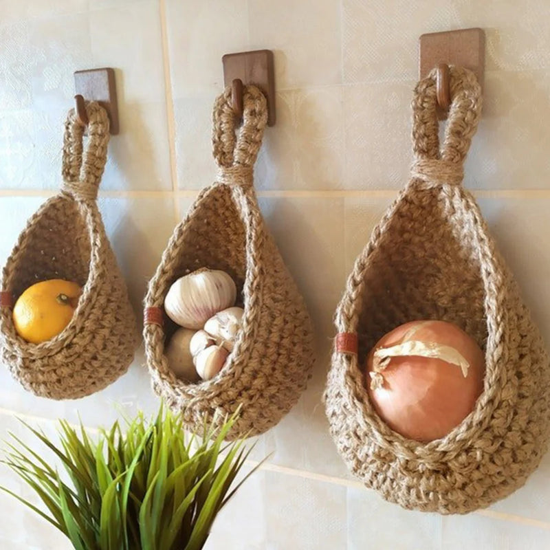 the WOVEN - 1PC Hanging Fruit Basket, Boho Jute Hanging Organizing Baskets, Handwoven Decorative Kitchen Fruit Vegetable Storage Baskets