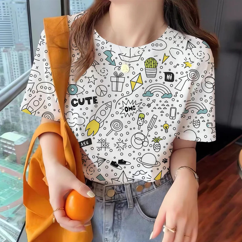 Summer Women's T Shirt Colorful Abstract Print O Neck Casual Short Sleeve Tees Female Overszied Clothing Fashion Street Pullover