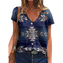 the TURQUOISE - Summer Western Aztec Graphic 3D Print V-Neck Casual Oversized T-Shirts for Women