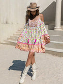 the BOHO BABYDOLL - Boho Inspired Floral Print Rayon Mini Dress Off Shoulder V-Neck Half Sleeve Bohemian Beach Summer Dress for Women