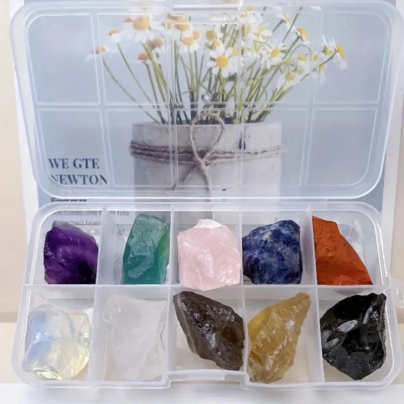 the ROCK BOX - 10PCs/Box Natural Crystal Rough Raw Set Energy Gemstones, Rough Rocks and Mineral Chakra Stone with Box