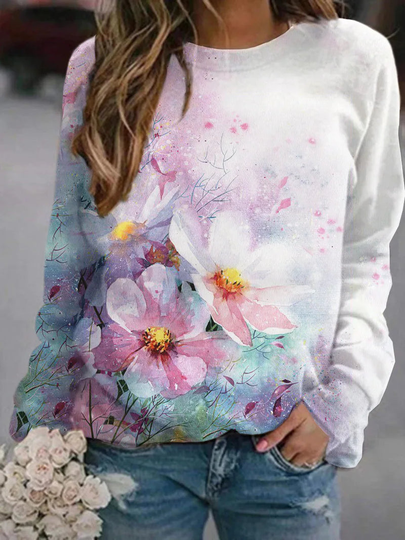 2024 New European and American Women's Flower Dog Pattern Printed Round Neck Hoodie, Casual and Fashionable Cudgeon Top