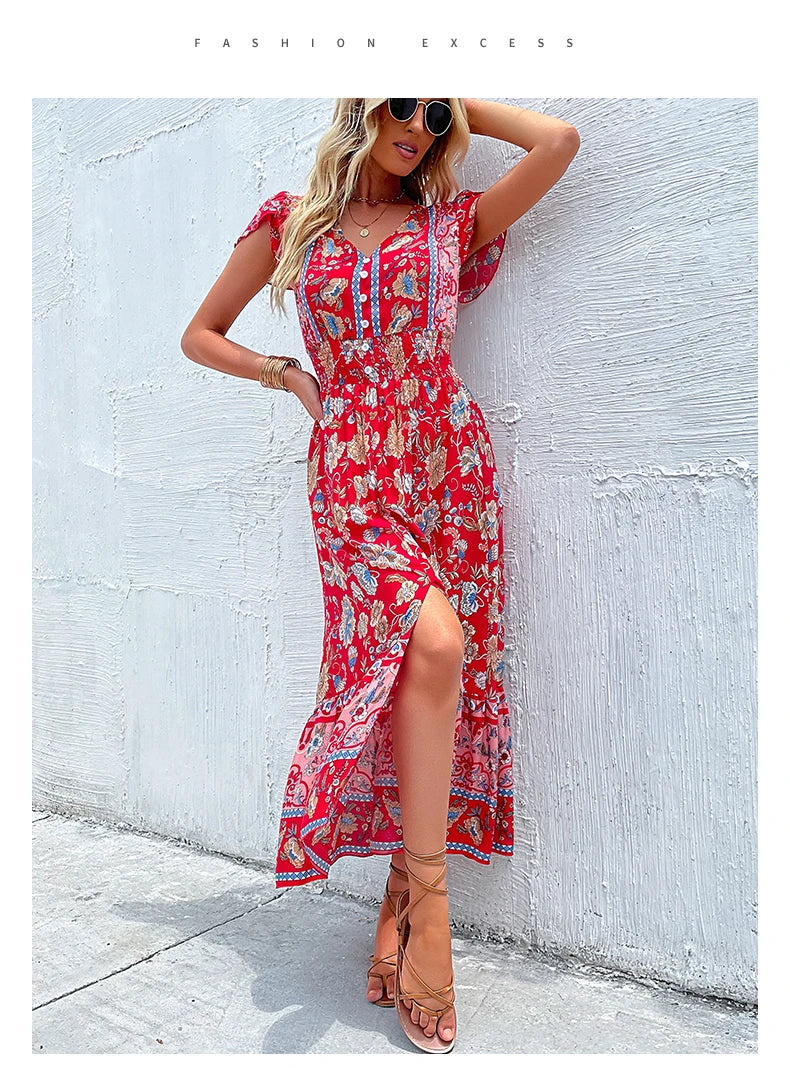 the BANDANA BOHO - Vintage Floral Boho Printed Short Sleeves V-Neck Slit A-Line Bohemian Summer Beach Midi Dresses