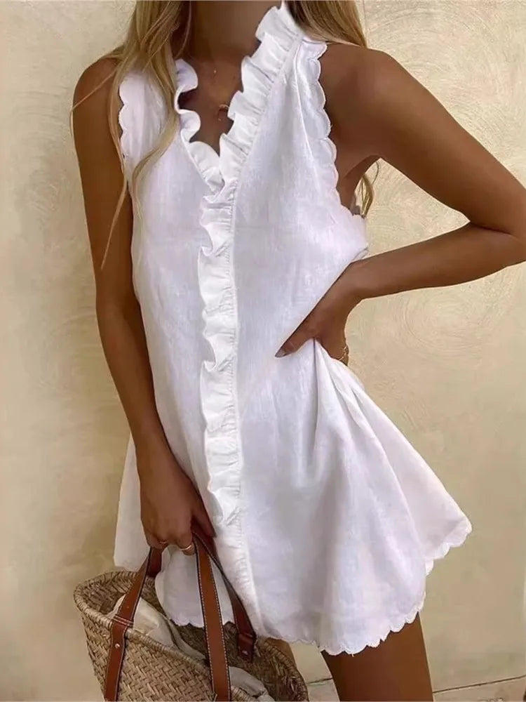 New Women Casual Cotton And Linen White Dress Summer V Neck Ruffles Sleeveless Elegant Boho Beach Party Mini Dresses Female Robe