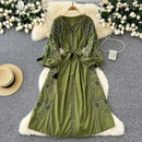 the INDIE BOHO - Bohemian Retro Ethnic Style Spring Autumn Embroidered Lace Up Lantern Sleeves Waist Cinching Long Dress