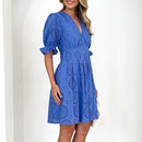 the EYELET DRESS - Sexy Summer V-Neck Short Sleeve Beach Summer Loose Pleated A-Line Lace Hollow Solid Color Dress
