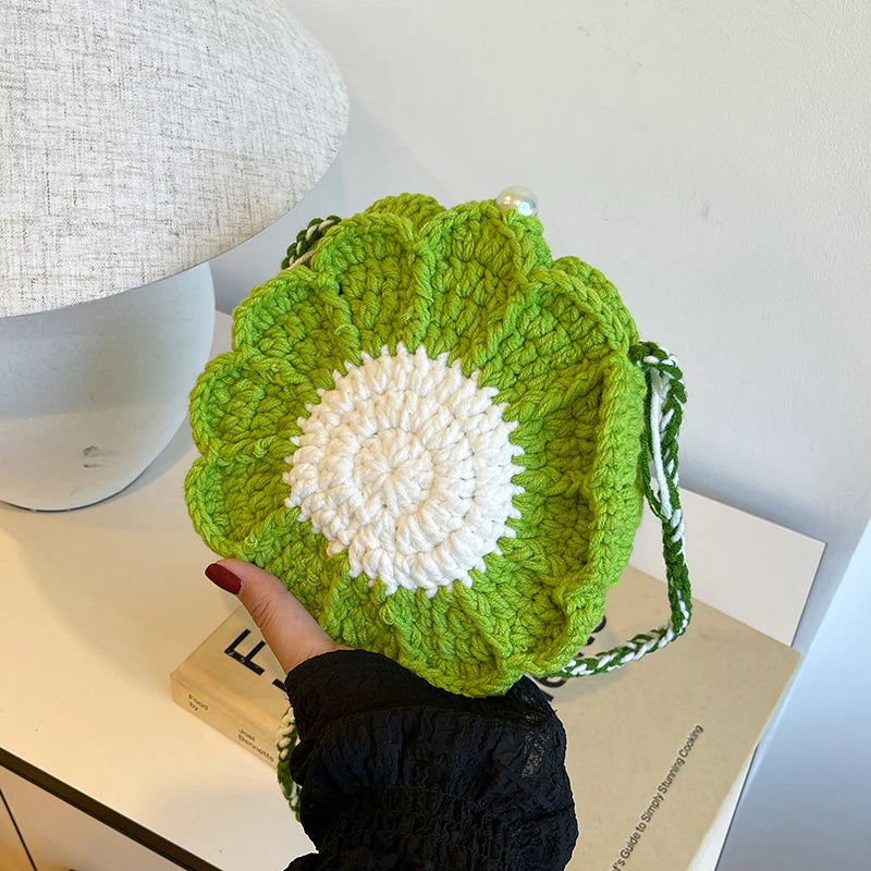 the KNITTED FLOWER - New Fashion Sunflower Pattern Women's Mini Knitted Handbag, Female Woven Shopper Purse, Lovely Design Chain Shoulder Crossbody Bag