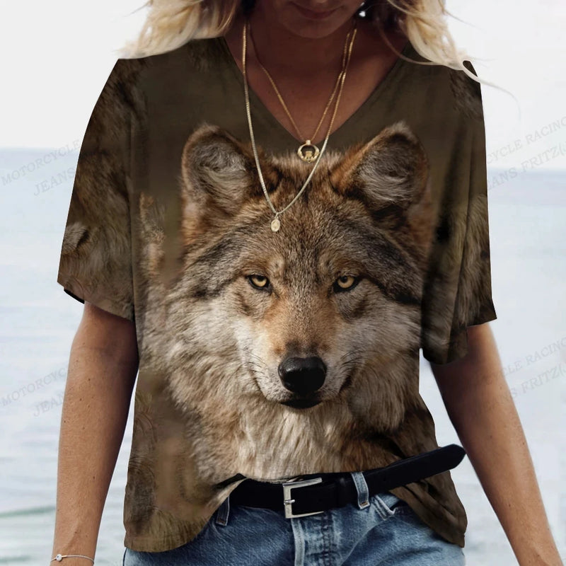 Women's T-shirts Animal Wolf 3d Print Tshirt Women Fashion T-shirt V-Neck Graphic T Shirts Women's Clothing Female Tops Summer