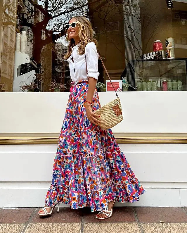 Boho Women Long Floral Skirts Summer Autumn Loose Casual Skirt Fashion Elastic Waist Big Hem Long Beach Skirt Women Clothes