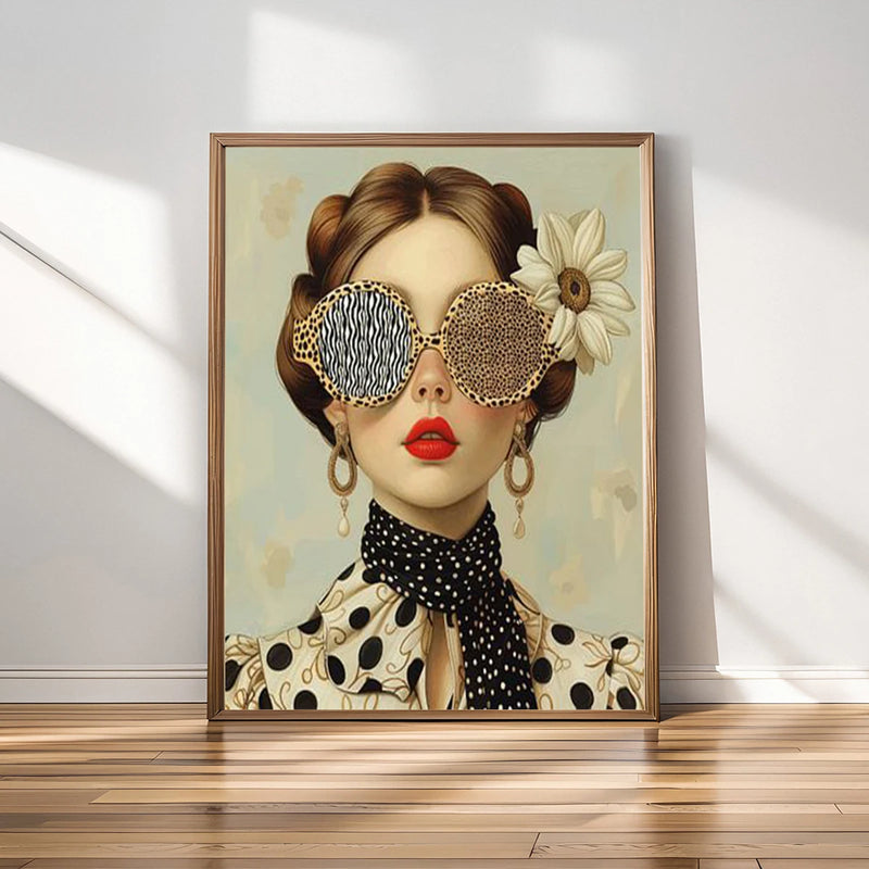 the BOHO BEAUTY - Nordic Boho Fashion Glasses Woman with Flowers Wall Art, Canvas Painting Butterfly with Girl Portrait Poster Prints Mural Picture