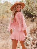 the MINI BOHO - Lace Tunic Sexy Deep V-Neck Button Bikini Cover-Ups Summer Sexy Ruffles Long Sleeves Mini Dresses