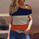 the BUCKLE - Summer Fashion Metal Buckle Oblique Collar Casual Short Sleeved Printed T-Shirt Tops