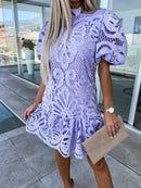 the GIRLS DAY - Elegant Collar Puff Sleeve Solid Color Sexy Lace Hook Flower Hollow Short Summer Dress