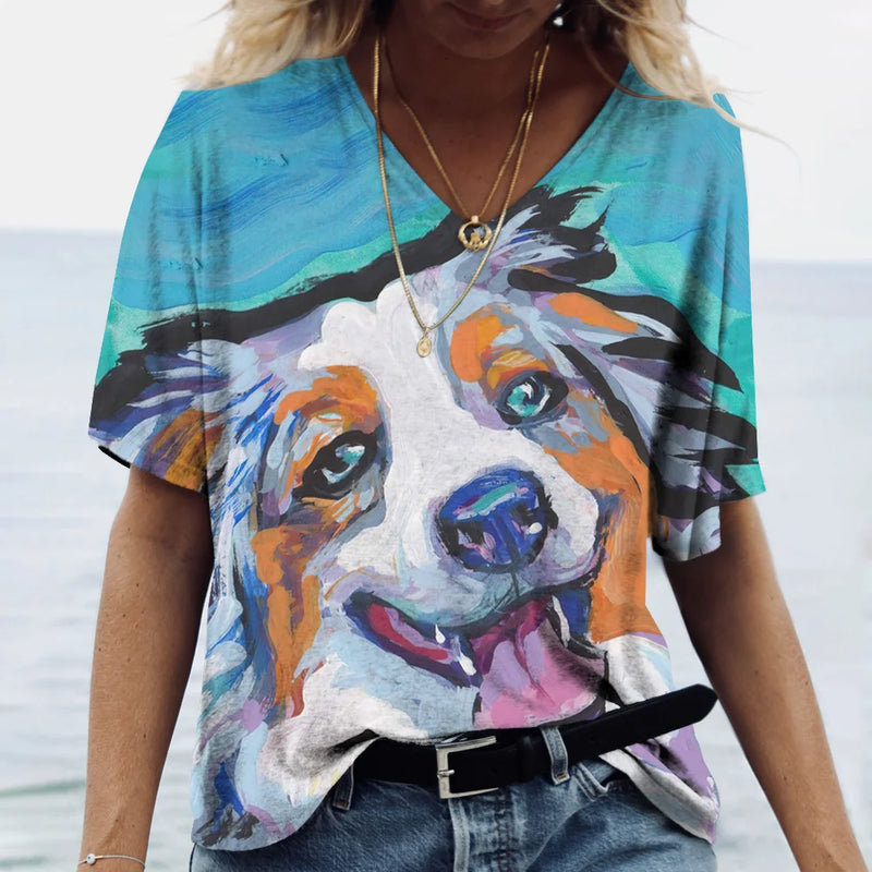 Summer New Women's V-neck Top Short Sleeve T-shirts 3D Cute Dog Print Casual Lovely Harajuku Versatile Y2K Clothes European Size