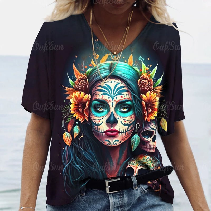 2023 Vintage Skull Face Women's T Shirt Tops V Neck Casual Cotton Short Sleeve Pullover Summer Female Harajuku Punk Streetwear