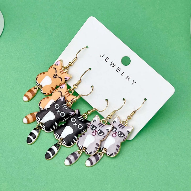 the CAT CLUB - 3 Pairs/Set Fashionable Enamel Cartoon Cute Cat Design Earrings, Jewelry Gifts for Women And Girls