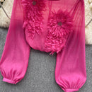 the SHEER BOHO - Women's Loose O-Neck Long Sleeves Sheer Bohemian Transparent 3D Floral Blouse