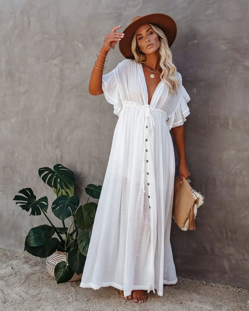 2024 Summer Long Bikini Cover Ups for Women Solid V-Neck Kimono Beach Dresses Lace Up Anti-Sun Swim Dress Bohemian Sarong Skirt