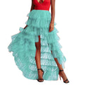 Women Long High Low Ruffles Tulle Skirt Solid Color Mesh Tied-Up Irregular Floor-Length Party Train Overskirt Cover Ups