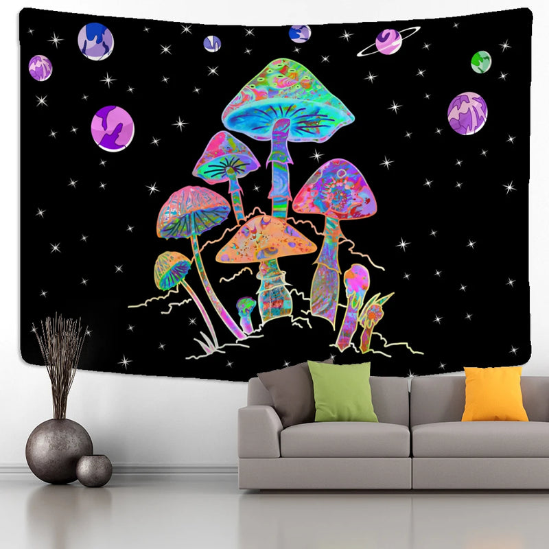 the PLANET MUSHROOM - Cartoon Planet Mushroom Tapestry Wall Hanging, Psychedelic Abstract Boho Kawaii Bedroom/Living Room/Bedroom Decor