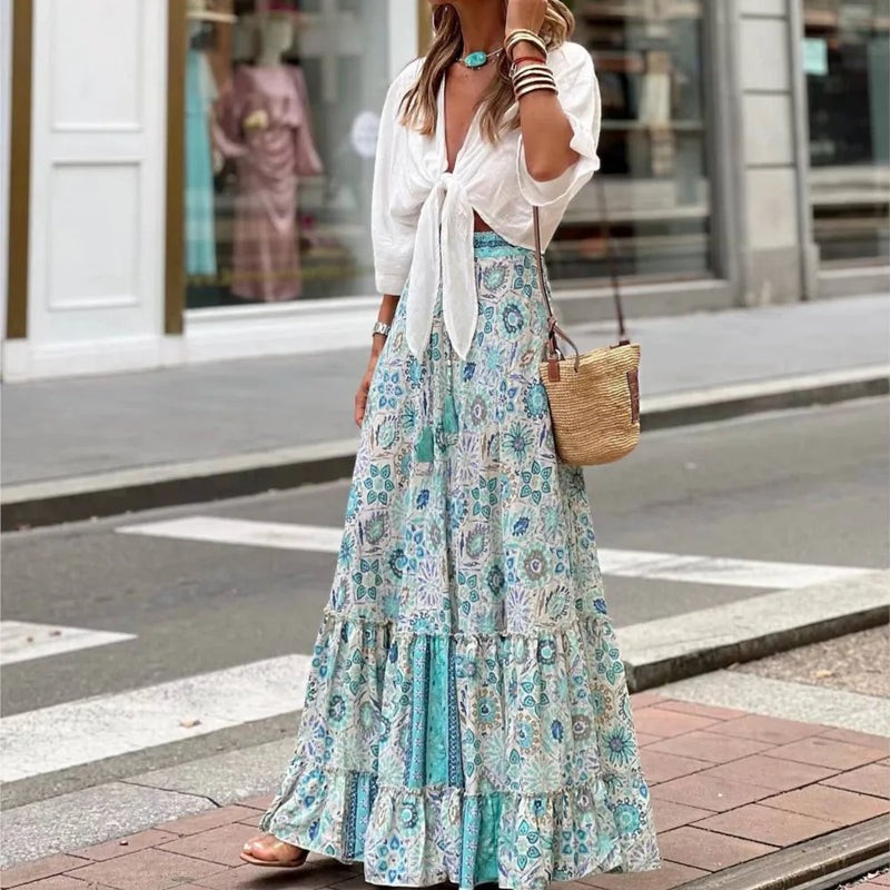 Boho Women Long Floral Skirts Summer Autumn Loose Casual Skirt Fashion Elastic Waist Big Hem Long Beach Skirt Women Clothes