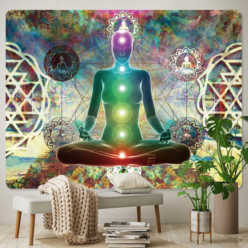 the MEDITATION - Mandala Seven Chakra Psychedelic Scene Home Decor Art Tapestry Hippie Wall Hanging, Boho Room Wall Decor