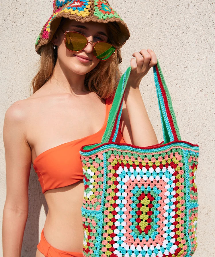 the CANCUN BOHO - Bohemian Crochet Women Shoulder Bags, Knitting Large Capacity Tote Bag, Casual Lady Handbags, Big Shopper Purses/Summer Beach Bags