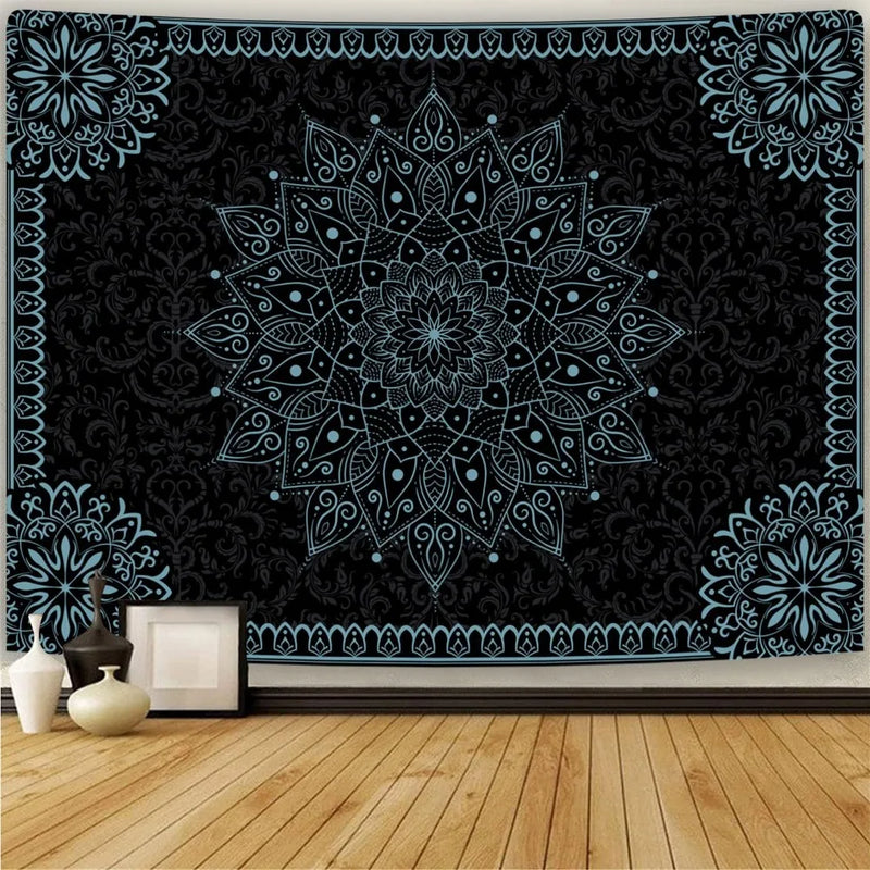 the BLUE LOTUS - Black Mandala Tapestry, Blue Lotus Bohemian Wall Hanging, Meditation Hippie Indian Bohemian Wall Art Tapestry