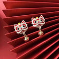 the GOOD FORTUNE - Chinese Style Red Little Lion Bell Pendant Earrings for Women, The Year of The Dragon Festive Jewelry Gifts