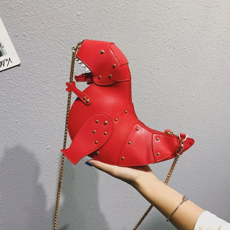the DINO-MYTE - Trend Fashion 3D Dinosaur Design Rivets PU Leather Chain Purse, Shoulder Bag Tote, Crossbody Mini Messenger Bag