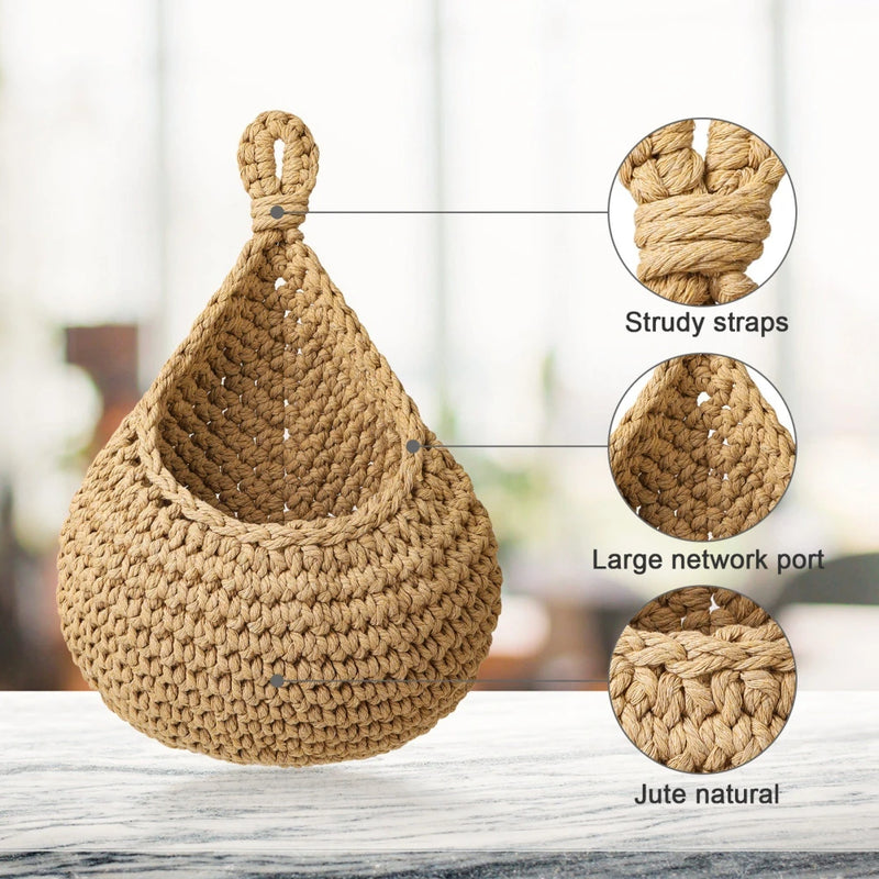 the WOVEN - 1PC Hanging Fruit Basket, Boho Jute Hanging Organizing Baskets, Handwoven Decorative Kitchen Fruit Vegetable Storage Baskets