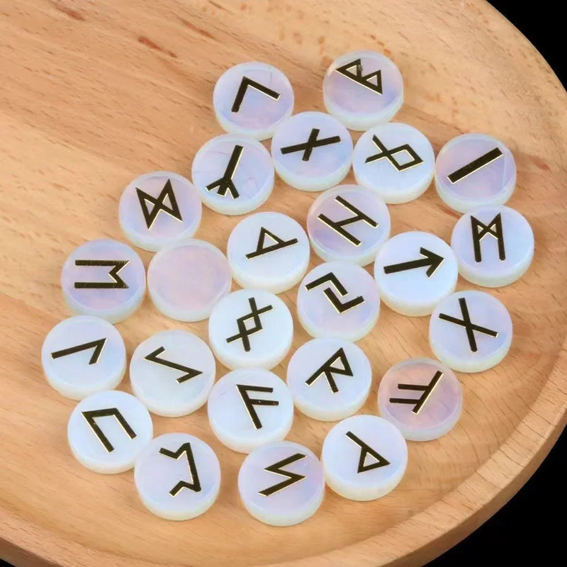 the RUNES - 25pcs Natural Crystal Runes Signs Round Stone Runic Alphabets Letters Sacred Symbol Healing Gem Energy Amulet Reiki Chakra Set