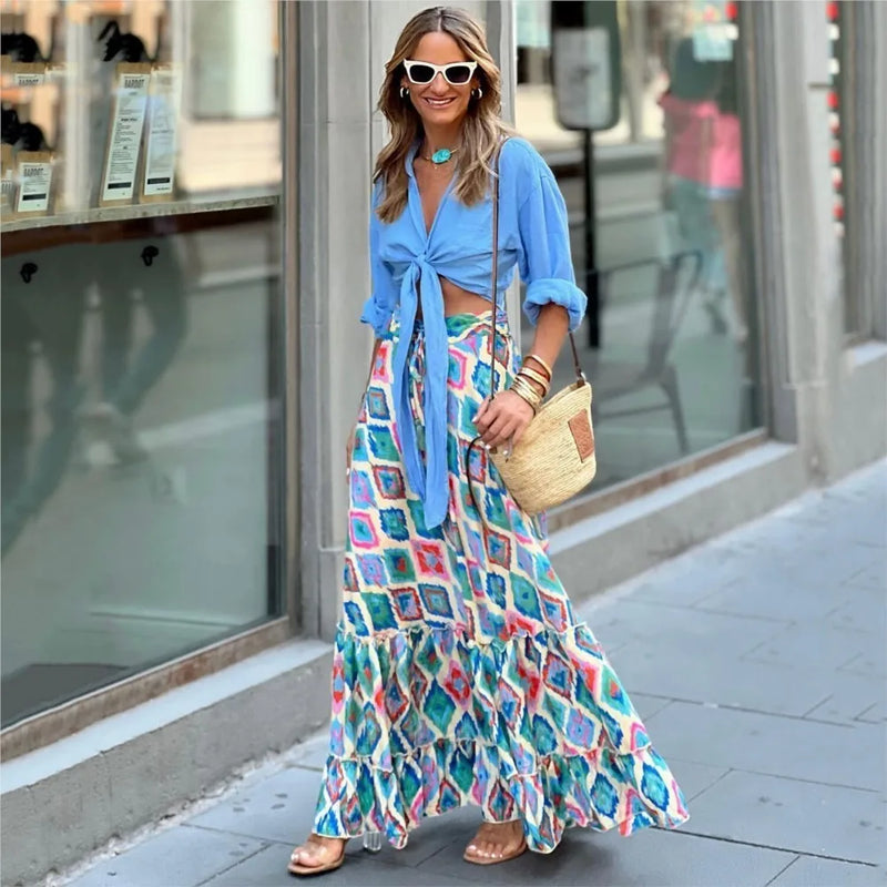 Boho Women Long Floral Skirts Summer Autumn Loose Casual Skirt Fashion Elastic Waist Big Hem Long Beach Skirt Women Clothes