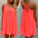 the NEON BOHO - Summer Beach Loose Casual Sleeveless Spaghetti Strap Hollow Out Mini Dress