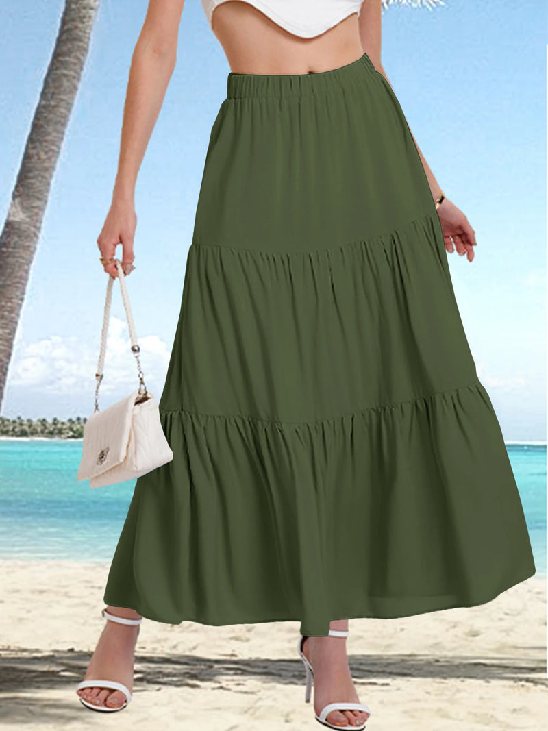 2024 Women's cross-border European and American summer Bohemian pleated A-line flowing swaying layered long skirt for wome