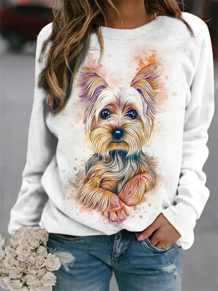 2024 New European and American Women's Flower Dog Pattern Printed Round Neck Hoodie, Casual and Fashionable Cudgeon Top