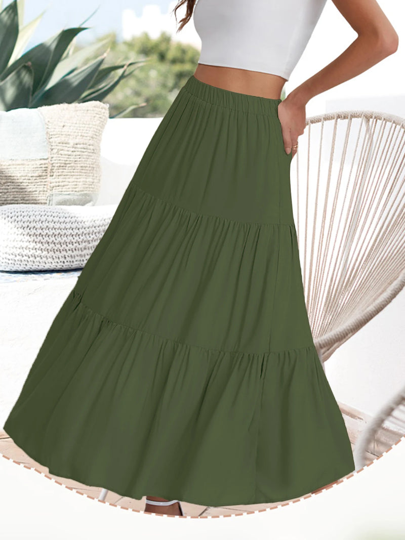 2024 Women's cross-border European and American summer Bohemian pleated A-line flowing swaying layered long skirt for wome