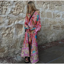 the AMARYLLIS - Bohemia Print Shirt/Pants Sets Lapel Long Sleeve Single Breasted Shirts High Waist Wide Leg Trouser